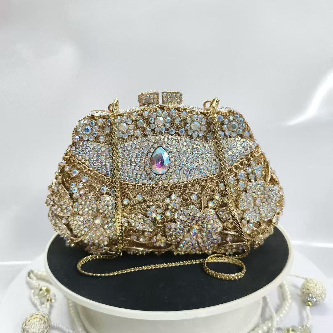Goldene Metall-Blumen-Diamant- – Women Bags Golden Bewertung und Preis